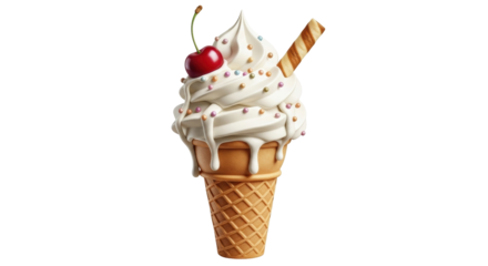 Isolated vanilla ice cream cone dessert with cherry and wafer stick, summer sweet treat