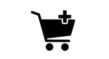 Isolated black shopping cart icon with plus sign indicating add to cart function