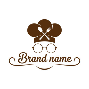 Chef hat logo with glasses spoon and fork on white background Keywords: chef, hat, cook, cooking, food, restaurant, logo, icon, brand, name, glasses, spectacles, spoon, fork, cutlery, crossed