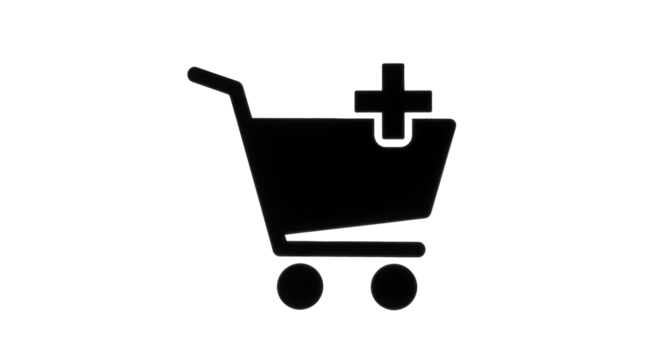 Isolated black shopping cart icon with plus sign indicating add to cart function