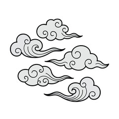 A collection of five handdrawn stylized clouds in a traditional Asian art style with swirling patterns.