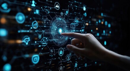 A hand touches a glowing digital interface with interconnected icons, suggesting network interaction
