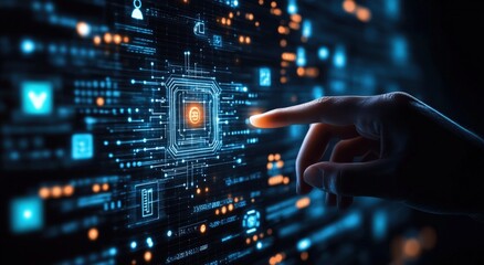 Finger touches glowing circuit board, visualizing digital connection and technological advancements