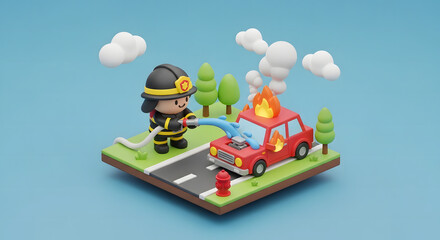 cute firefighter extinguishing burning car scene