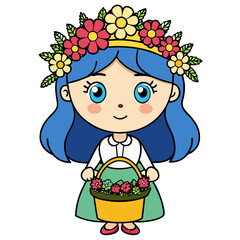 Cartoon Flower Girl with Floral Crown and Basket, Cute and Playful Nature Illustration