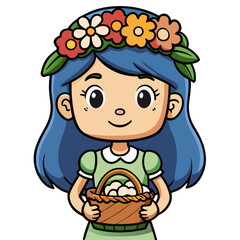Cartoon Flower Girl with Floral Crown and Basket, Cute and Playful Nature Illustration