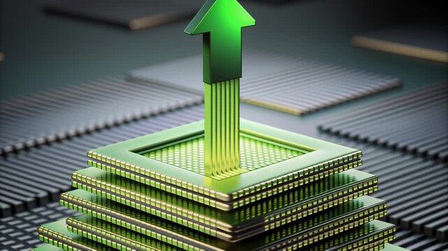 Tech Stock Semiconductor Concept. Green arrow on a stacked design, symbolizing growth and progress.