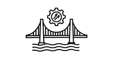 Isolated bridge with cogwheel and wrench, architectural maintenance and construction icon