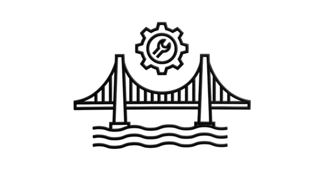 Isolated bridge with cogwheel and wrench, architectural maintenance and construction icon