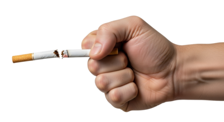 Isolated man breaks a cigarette in his hand, stopping smoking and fighting addiction