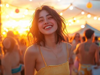 Smiling woman at outdoor gathering under string lights, lit by sunset glow
