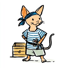 A cute Sphynx cat, dressed as a pirate, stands proudly beside a treasure chest. A whimsical illustration.