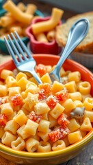 fun pasta playful props baked pasta kid friendly mac and cheese melted cheese colorful bowl cheesy pasta bright lighting comfort food  
