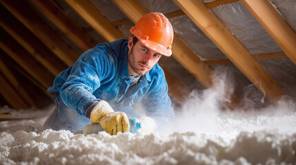 Man installing insulation. A worker uses an applicator to lay down white, fluffy insulation in an attic. He wears a hard hat and protective clothing.