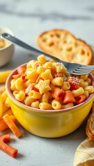 kid friendly mac and cheese fun pasta colorful bowl baked pasta cheesy pasta melted cheese comfort food playful props bright lighting  
