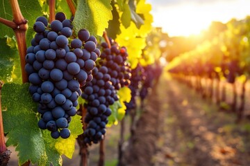 Close-up of ripe, dark grapes on vines in a vineyard, backlit by the setting sun
