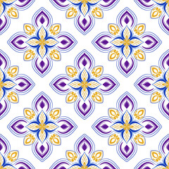  Blue and gold floral medallion seamless pattern.