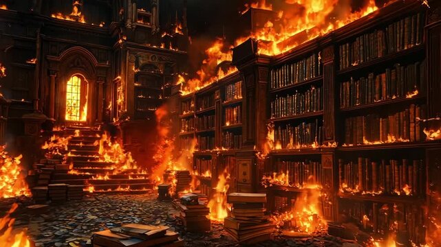 A library filled with lots of books on fire