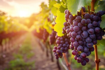 Close-up view of ripe purple grapes on vines in a vineyard at sunset, warm light