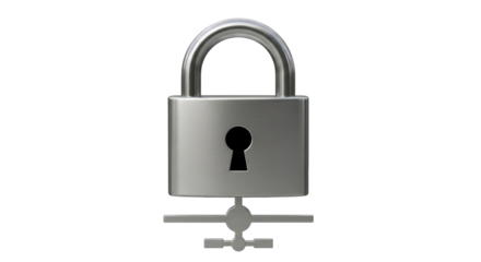 Isolated padlock with key in security system, metal lock to protect safety, secure file
