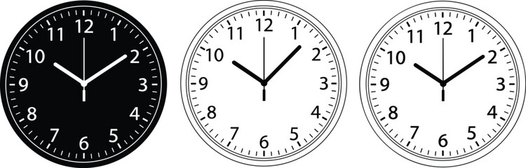Silhouettes of three analog clocks showing different times with black and white faces, hour markers, and distinct hand positions