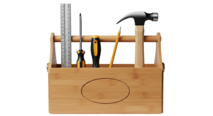 Isolated wooden toolbox holding building tools pencil ruler hammer screwdriver, craft ideas