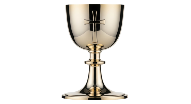 Isolated Shiny Golden Chalice with Cross, Eucharistic Vessel, Liturgical Object, Communion Cup