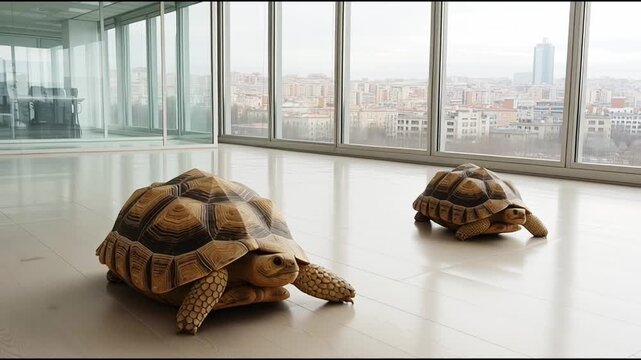 tortoise RUNNING on a wooden floor IN OFFICE, LARGE WINDOWS city in background