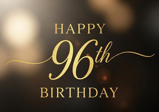 Opulent Happy 96th Birthday greeting in shimmering gold glitter text on a rich, dark golden bokeh background, perfect for a grand celebration.