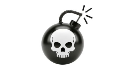 Isolated shiny black bomb with white skull design and lighting fuse, dangerous weapon