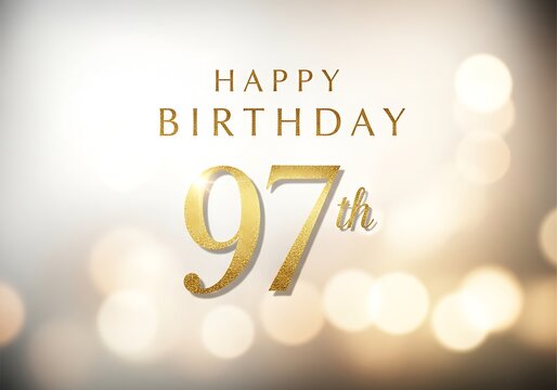 Bright and festive Happy 97th Birthday card design with elegant gold glitter text against a shimmering light bokeh backdrop.