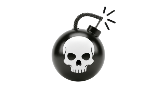 Isolated shiny black bomb with white skull design and lighting fuse, dangerous weapon