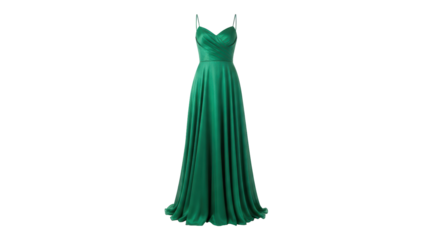 Isolated emerald green evening dress, strappy bodice and long A-line skirt, no sleeves