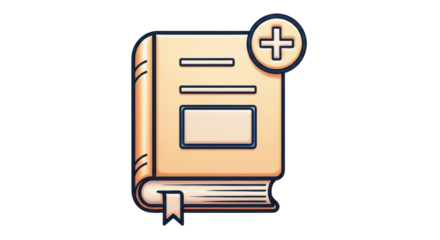 Isolated book icon with plus sign for adding content to encyclopedia or textbook