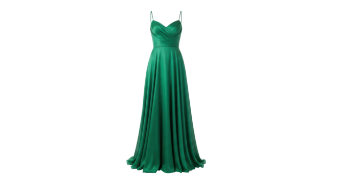 Isolated emerald green evening dress, strappy bodice and long A-line skirt, no sleeves