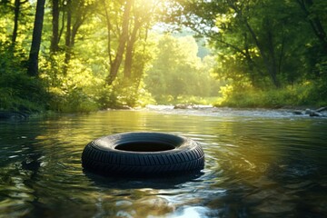A tire floats in a serene river amid lush green trees, lit by the sun