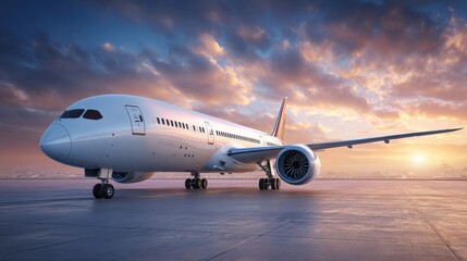 Photorealistic 3/4 view of a modern commercial airplane on the runway, clean white fuselage, detailed wings and engines, dramatic sky, realistic shadows, high-detail aviation scene.