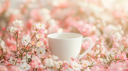 A white cup of tea with soft pink and white flowers in the background