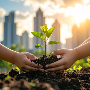 Ni&ntilde;os plantando &aacute;rboles en un parque urbano con rascacielos al fondo, cielo parcialmente nublado, enfoque en las manos