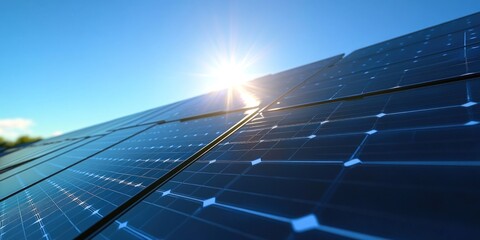 Solar panel array angled upwards, capturing sunlight against a clear, bright blue sky
