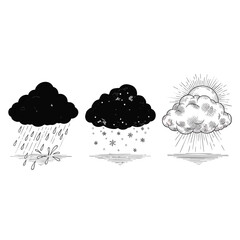 A set of three handdrawn weather icons depicting rain snow and sunshine in a vintage sketch style.