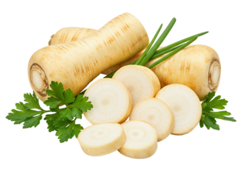 Raw parsnip group with herbs still life on transparent background