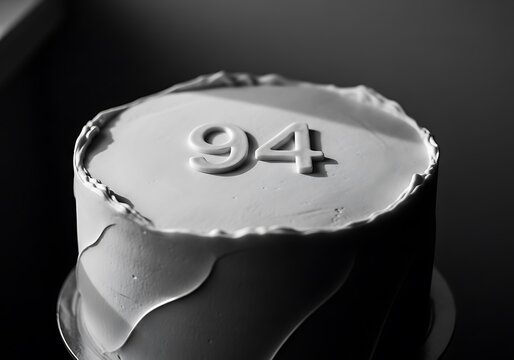 Monochrome elegant birthday cake with the number "94" on its smooth white frosting, representing a 94th year celebration.