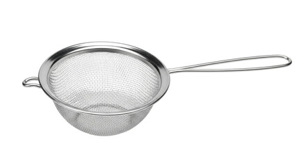 Isolated stainless steel mesh strainer, kitchen utensil for straining foods, no background
