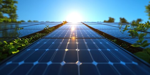 Solar panels with growing plants, bathed in sunlight against a clear blue sky, representing renewable energy