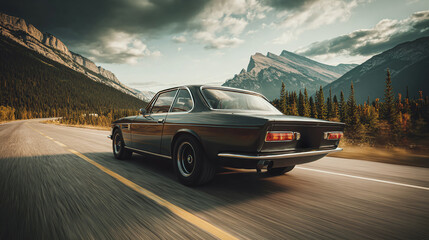 Vintage coupe on a scenic mountain road. A classic beauty in motion, enjoying the winding roads and breathtaking views.