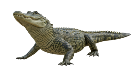 Isolated alligator showing its sharp teeth standing on the ground and facing the left side