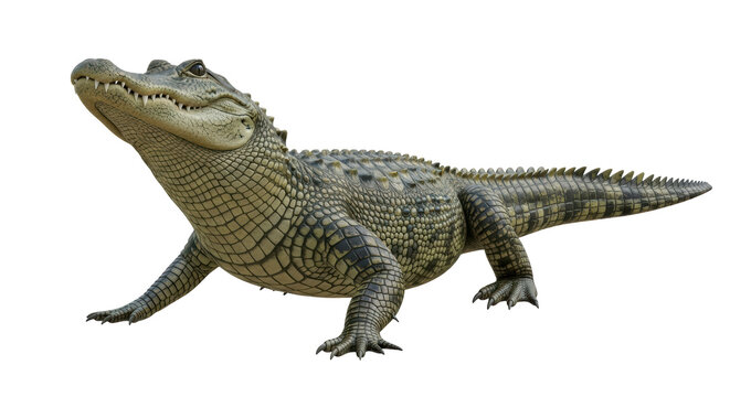 Isolated alligator showing its sharp teeth standing on the ground and facing the left side