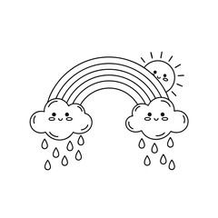 Adorable cartoon rainbow with cute raining clouds and a smiling sun a simple line art illustration.