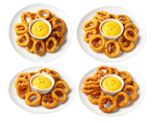 Crispy onion rings arranged on white plates, each with a small bowl of yellow dipping sauce